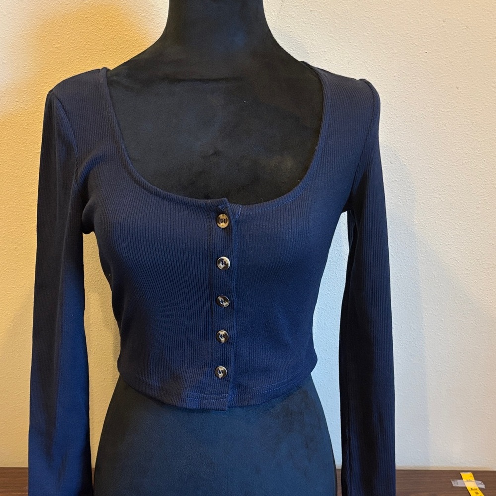SHEIN Dark Blue Button-Up Ribbed Crop Top